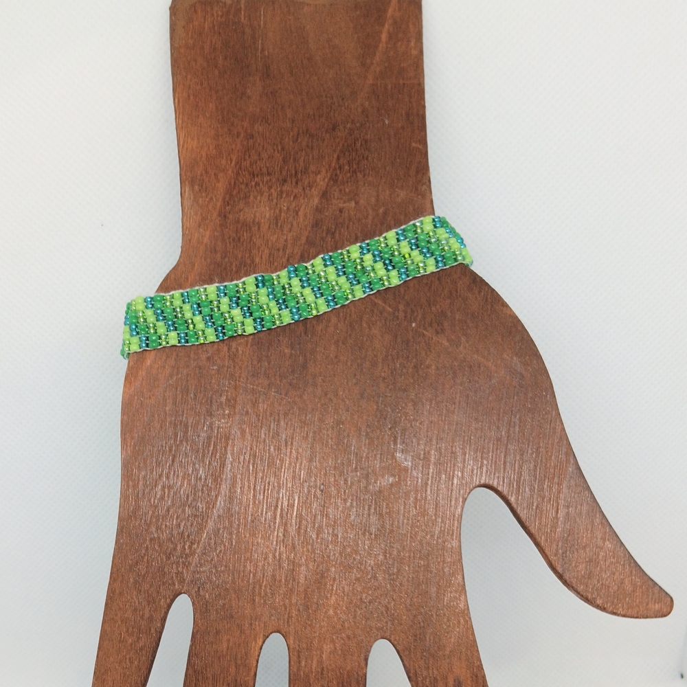 HANDMADE Green & Gold Diagonal Stripes Beaded Hand Stitched Loom Bracelet
